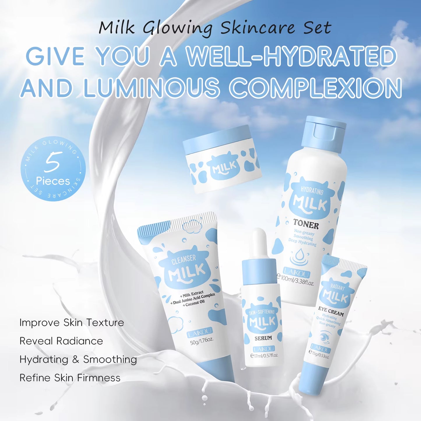Milk Glowing Skincare Set Hydrating Brightening Anti-Age Firming Facial Care Cleanser Toner Serum Eye Cream Moisturizer