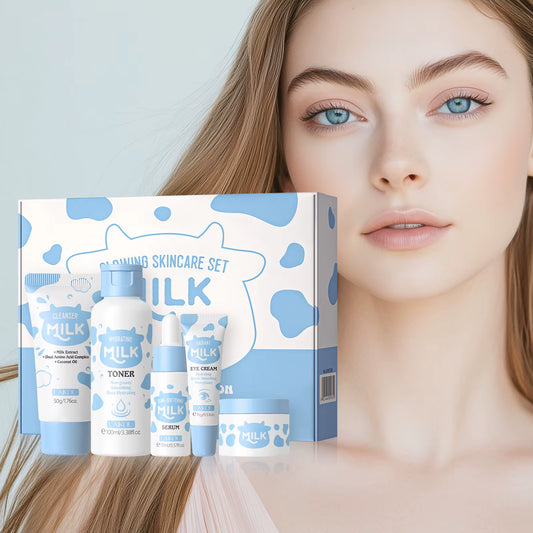 Milk Glowing Skincare Set Hydrating Brightening Anti-Age Firming Facial Care Cleanser Toner Serum Eye Cream Moisturizer