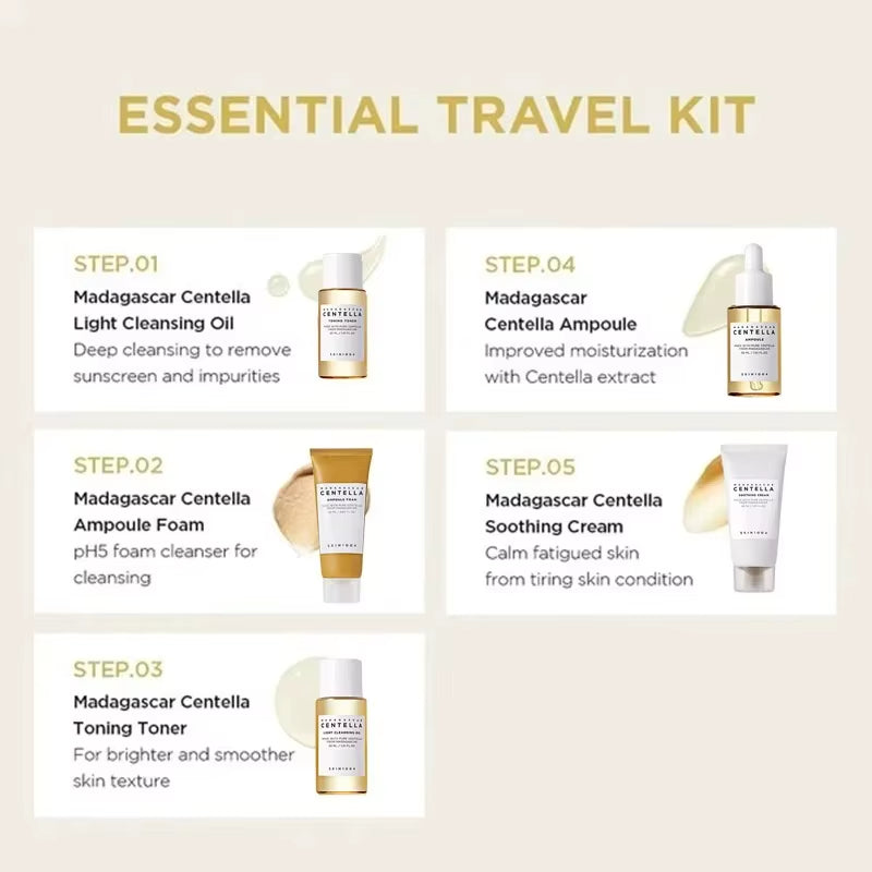 SKIN1004 Madagascar Centella Travel Kit, Toner, Ampoule, Soothing Cream, Cleansing Oil, Ampoule Foam, Basic Skincare Mini 5Pcs
