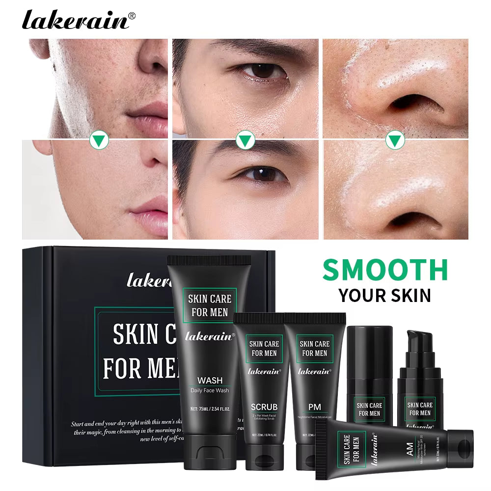 Lakerain Skin Care for Men Kit Oil Control Skin Firming Increase Hydrate Deep Cleaning Face 7 PCS per Set Travel Skin Care Kit