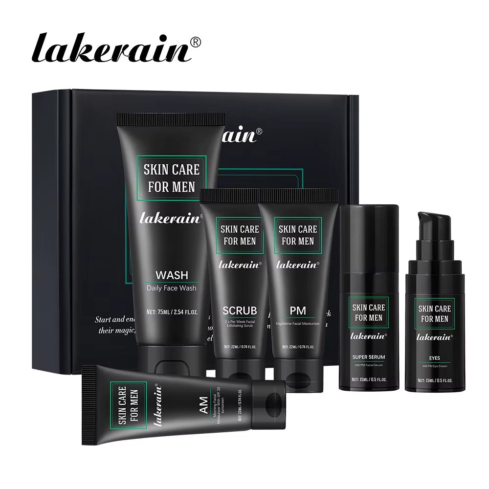 Lakerain Skin Care for Men Kit Oil Control Skin Firming Increase Hydrate Deep Cleaning Face 7 PCS per Set Travel Skin Care Kit