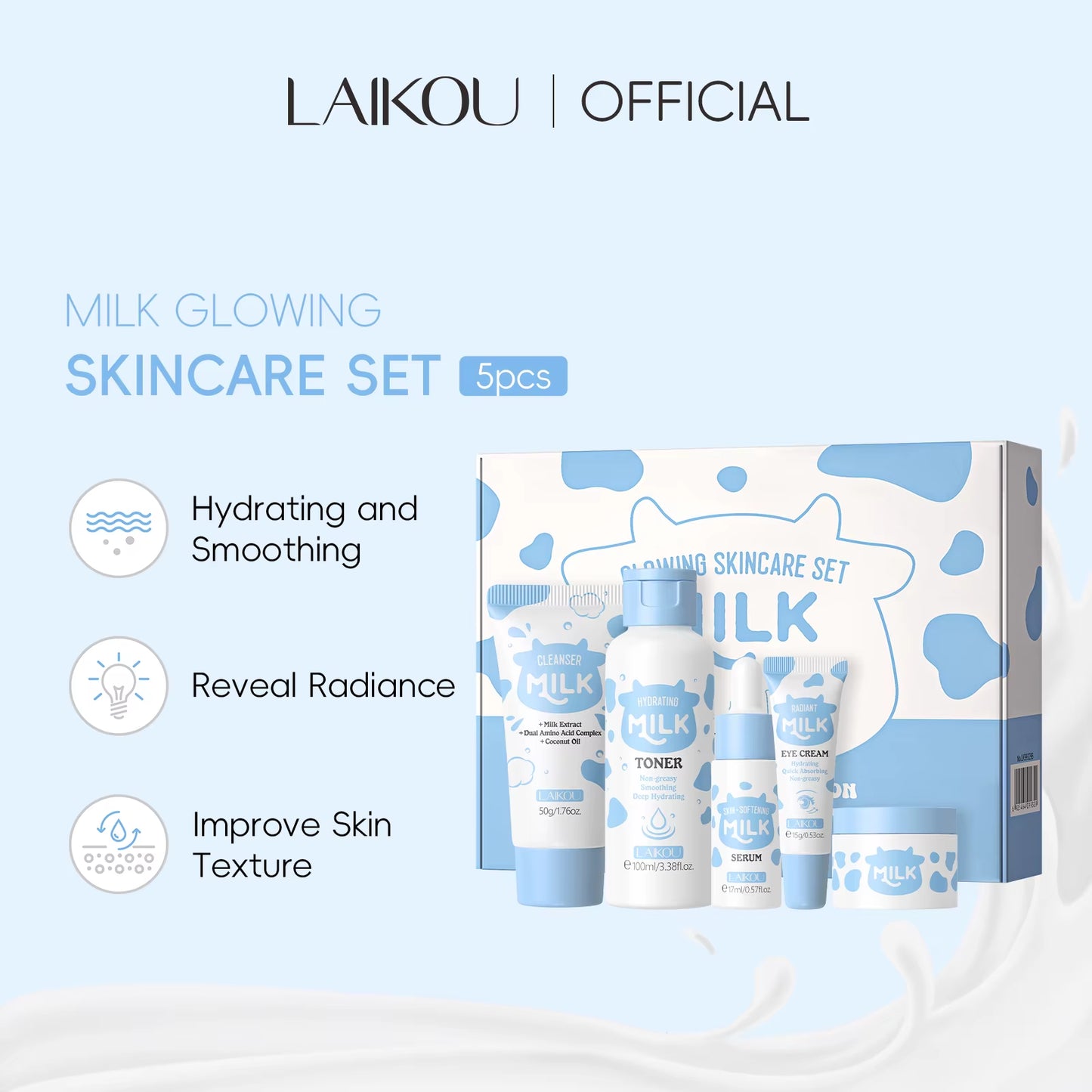 Milk Glowing Skincare Set Hydrating Brightening Anti-Age Firming Facial Care Cleanser Toner Serum Eye Cream Moisturizer